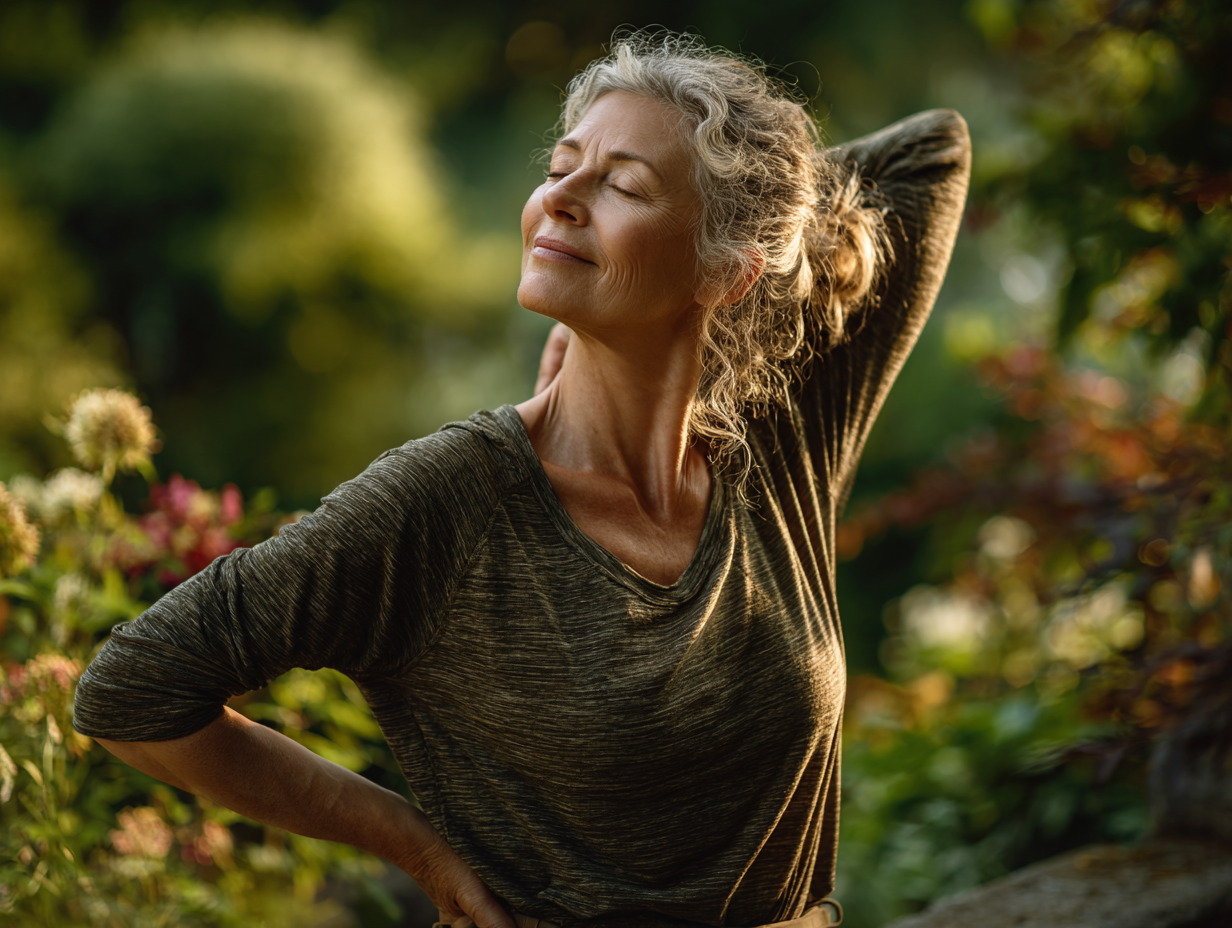 Idősebb hölgy jógázik a természetben